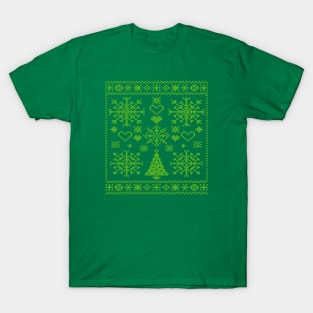 Christmas Lover Cross Pattern Sampler Artistic Design Green T-Shirt